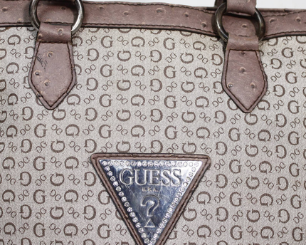 Guess Brown Logo Print Ostrich Trim Tote Bag