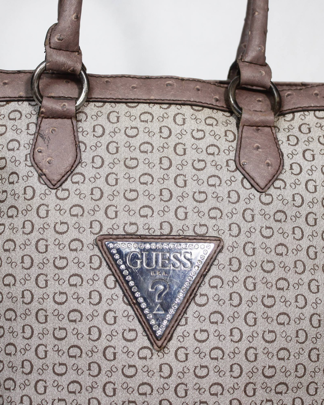 Guess Brown Logo Print Ostrich Trim Tote Bag