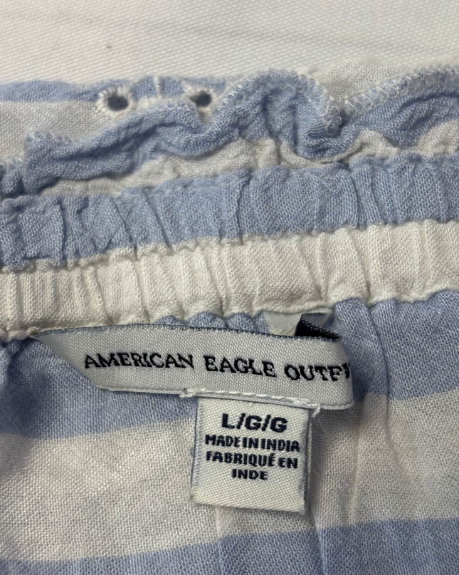 American Eagle Blue and White Striped Eyelet Ruffle Top