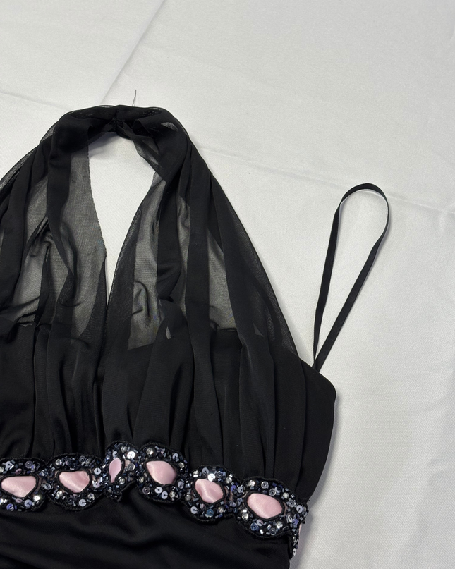 Cache Black Beaded Halter Midi Dress