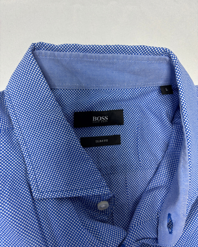 Boss Blue Slim Fit Micro-Pattern Button-Down Shirt
