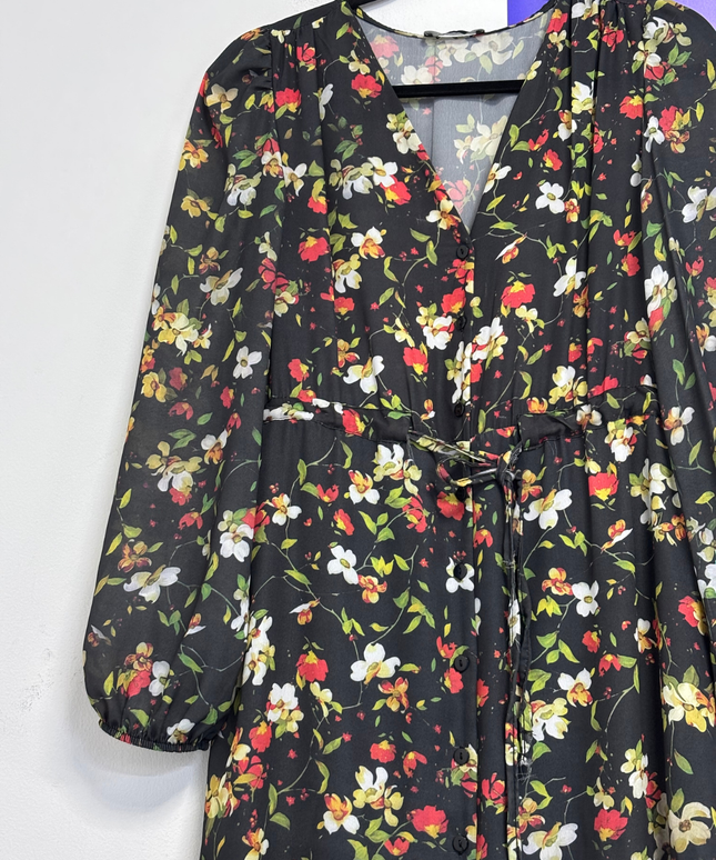 Trendyol Black Floral Button-Down Midi Dress