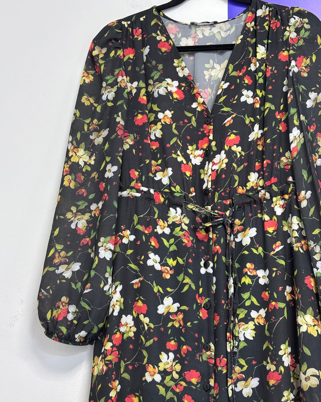Trendyol Black Floral Button-Down Midi Dress