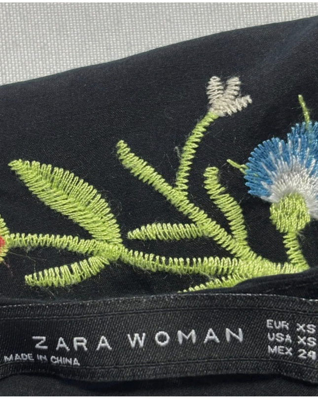 Zara Black Embroidered Floral Bird Tiered Mini Dress