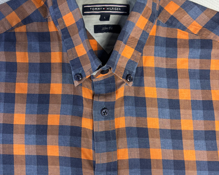 Tommy Hilfiger Orange/Blue Checkered Slim Fit Button-Down Shirt