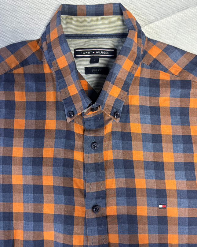 Tommy Hilfiger Orange/Blue Checkered Slim Fit Button-Down Shirt