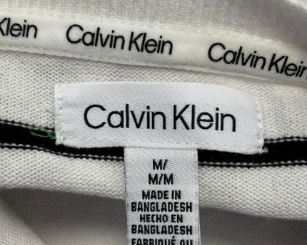 Calvin Klein White and Black Striped Crewneck Sweater