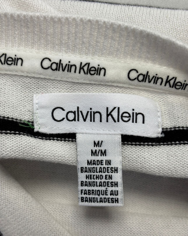 Calvin Klein White and Black Striped Crewneck Sweater