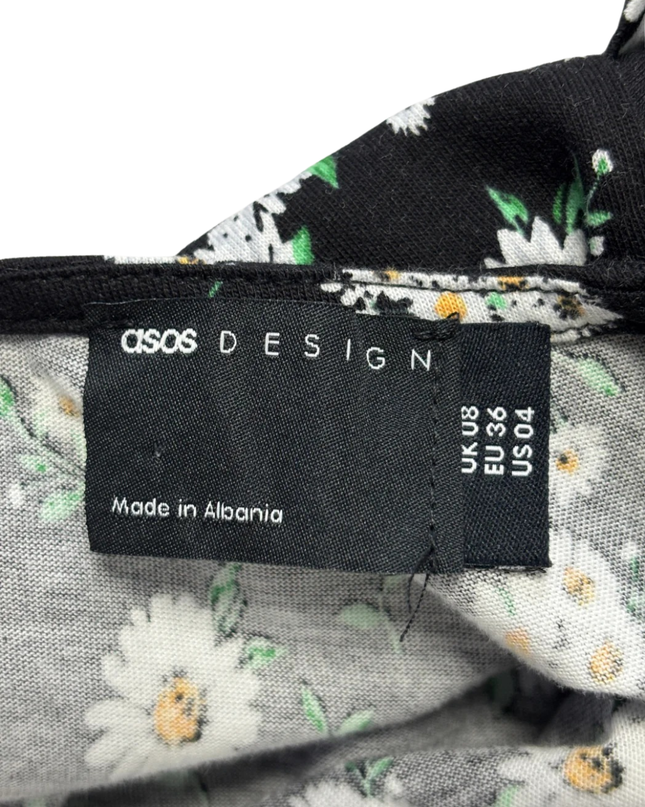 ASOS DESIGN Black Floral Daisy Puff Sleeve Mini Dress with Lace Trim