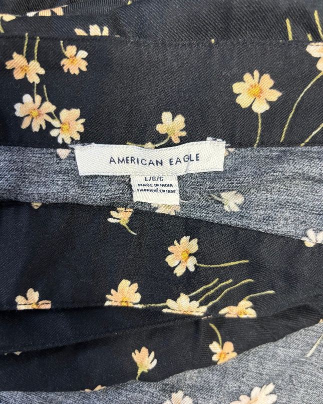 American Eagle Black Floral Wrap Midi Skirt