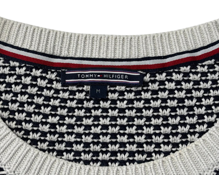 Tommy Hilfiger Black and White Textured Knit Crew Neck Sweater