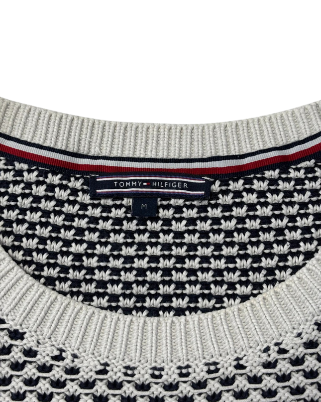 Tommy Hilfiger Black and White Textured Knit Crew Neck Sweater