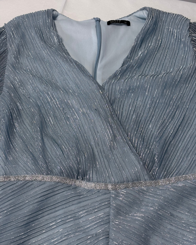 Motf Light Blue Metallic Pleated Tiered Midi Dress