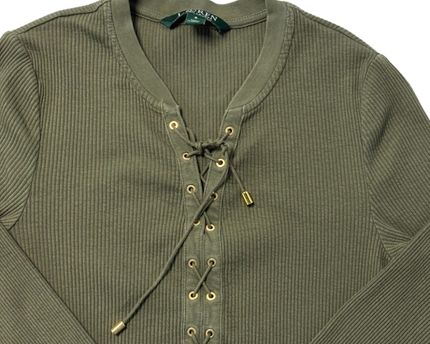 Lauren Ralph Lauren Olive Green Lace-Up Ribbed Long Sleeve Top