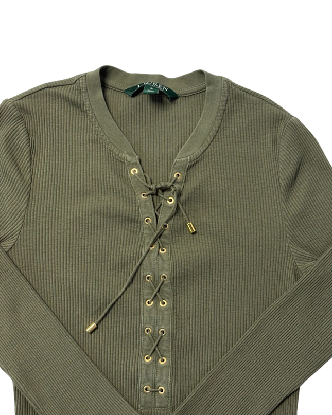 Lauren Ralph Lauren Olive Green Lace-Up Ribbed Long Sleeve Top