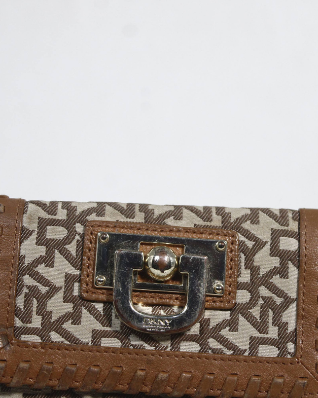 DKNY Brown Monogram Jacquard Leather Whipstitch Wallet