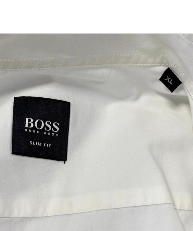 BOSS White Slim Fit Geometric Graphic Front Cotton Shirt