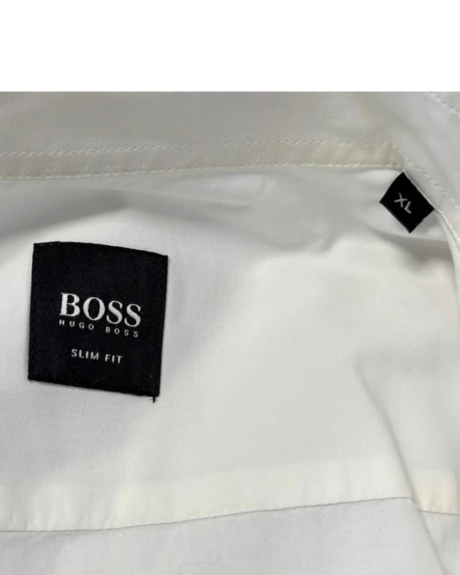 BOSS White Slim Fit Geometric Graphic Front Cotton Shirt