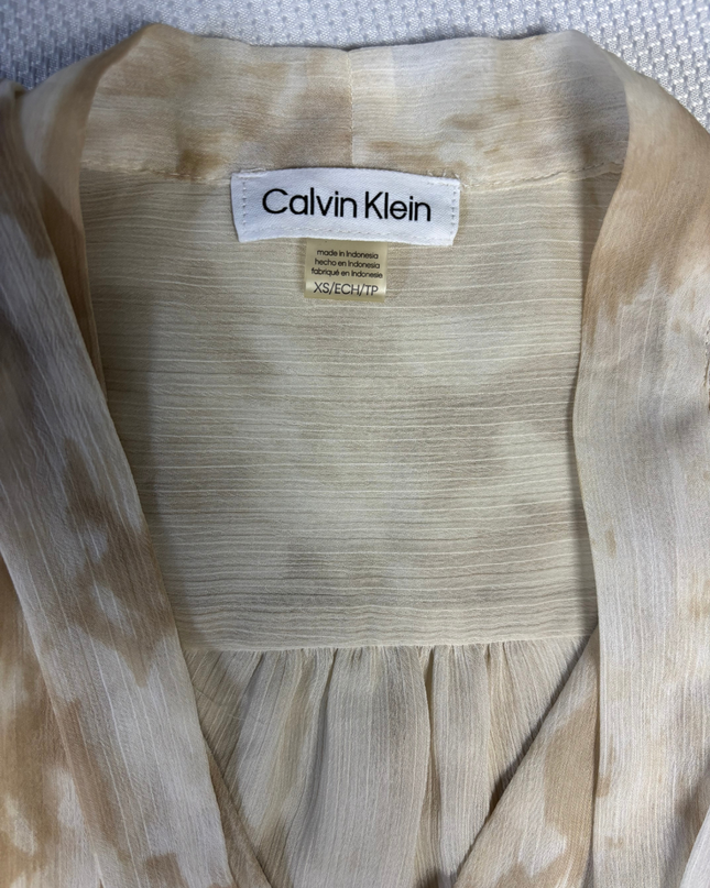 Calvin Klein Beige Abstract Print Ruffle Sleeve Blouse