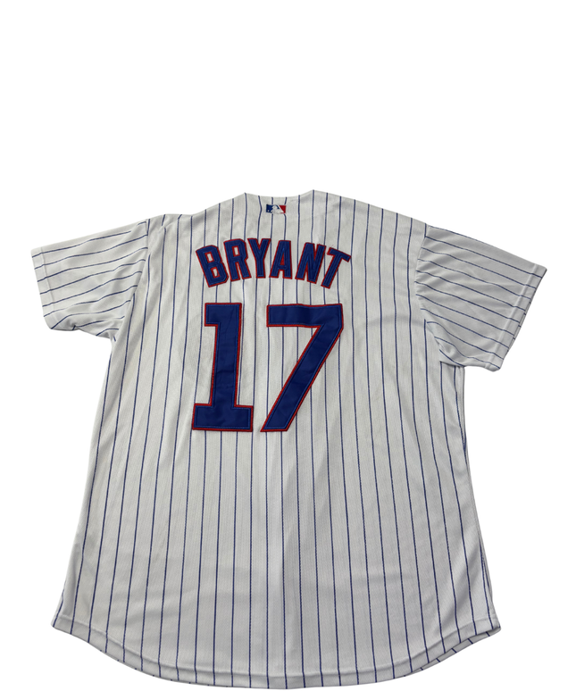 Majestic White Chicago Cubs Kris Bryant #17 Pinstripe Baseball Jersey