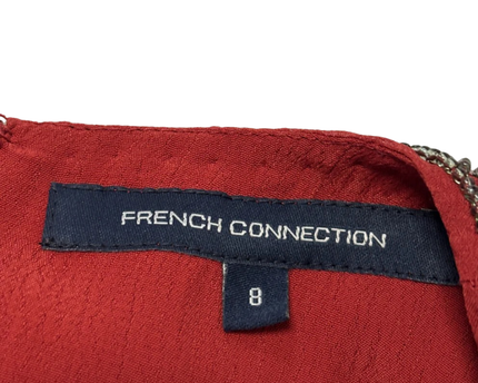 French Connection Red Silk Beaded V-Neck Mini Dress