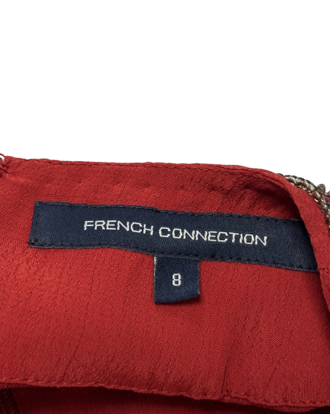 French Connection Red Silk Beaded V-Neck Mini Dress