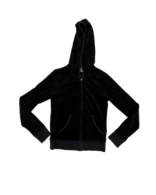 Juicy Couture Black Velour Rhinestone Crown JC Logo Zip-Up Hoodie - XS