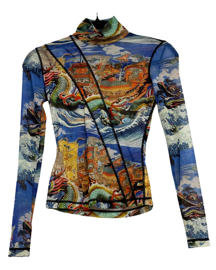 Angel Chen Dragon Ship Asian Print Mesh Multicolor Turtleneck Top