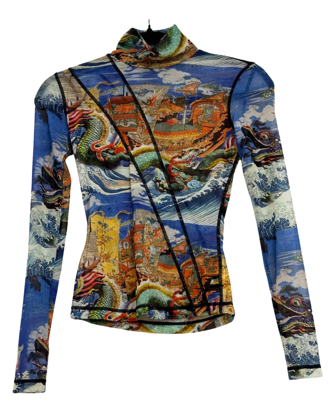 Angel Chen Dragon Ship Asian Print Mesh Multicolor Turtleneck Top