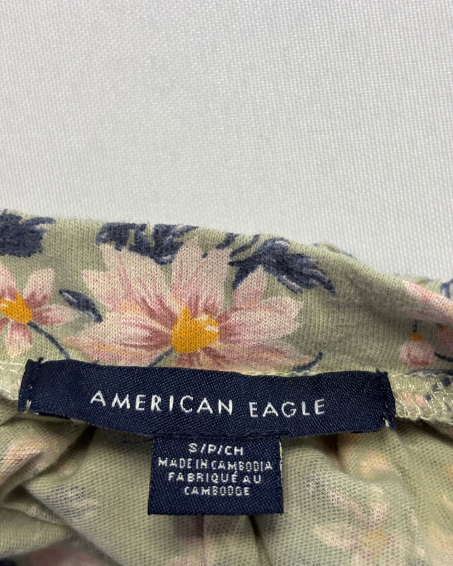 American Eagle Green Floral Square Neck Puff Sleeve Crop Top