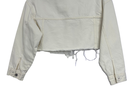 Bershka White Cropped Denim Jacket with Raw Hem
