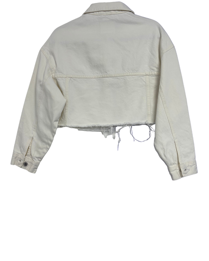 Bershka White Cropped Denim Jacket with Raw Hem