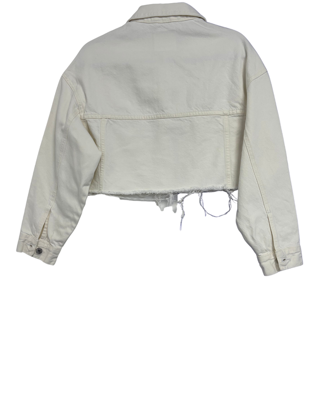 Bershka White Cropped Denim Jacket with Raw Hem