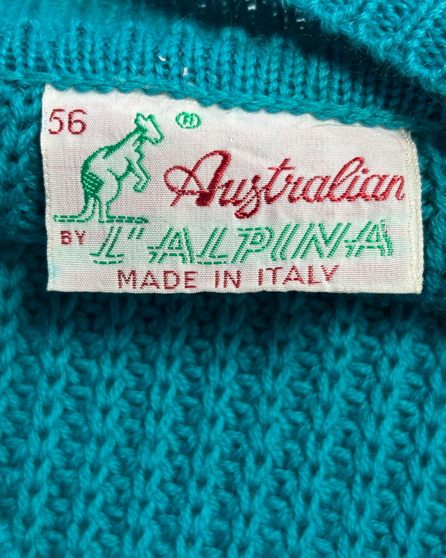 Australian BY L'ALPINA Vintage Teal V-Neck Cable Knit Sweater