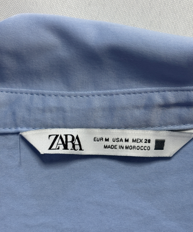 Zara Blue Cropped Satin-Finish Button-Down Blouse