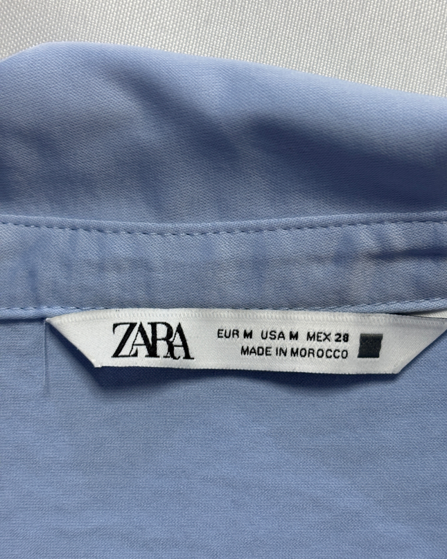 Zara Blue Cropped Satin-Finish Button-Down Blouse