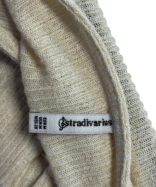 Stradivarius Beige Ribbed Knit Button-Down Midi Dress