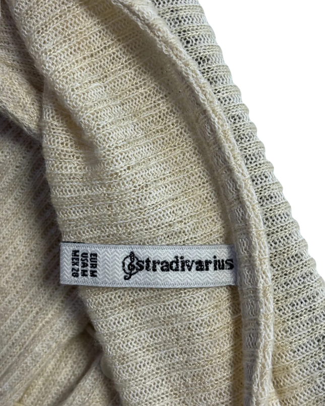 Stradivarius Beige Ribbed Knit Button-Down Midi Dress