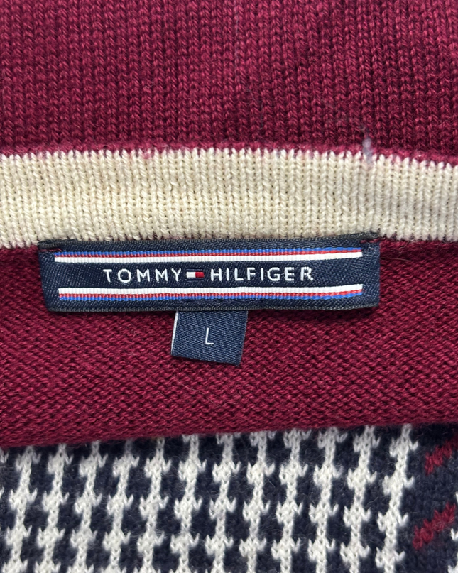 Tommy Hilfiger Burgundy Houndstooth Front Knit Sweater
