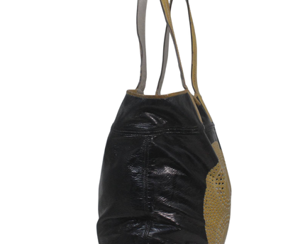 Coach Black Crinkled Patent Leather Tote Bag with Perforated Medallion