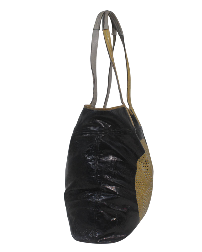 Coach Black Crinkled Patent Leather Tote Bag with Perforated Medallion