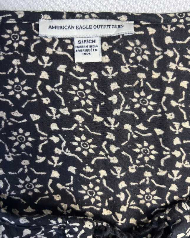 American Eagle Outfitters Black/Cream Patterned Boho Tassel Mini Dress