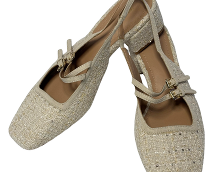 Zara Beige Tweed Slingback Block Heel Shoes
