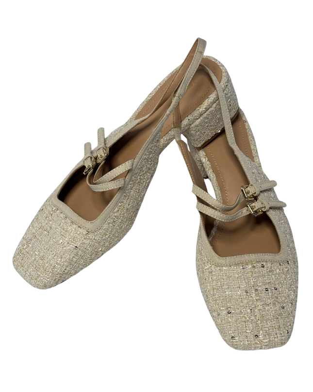 Zara Beige Tweed Slingback Block Heel Shoes