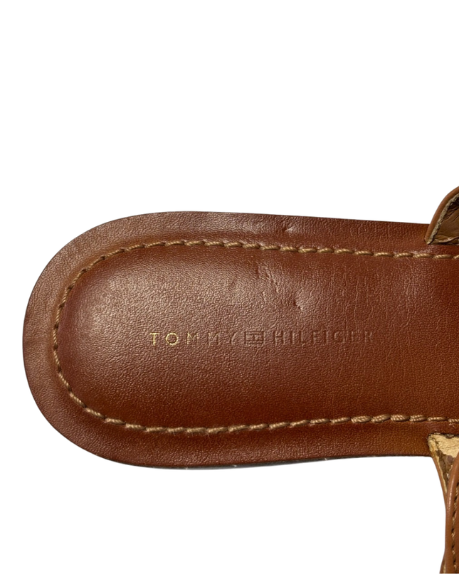 Tommy Hilfiger Light Brown T-Strap Logo Sandals W/Box