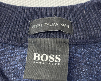 Boss Navy Blue Textured Knit Crew Neck Sweater