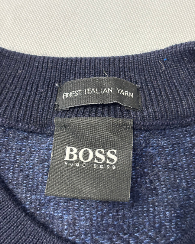 Boss Navy Blue Textured Knit Crew Neck Sweater