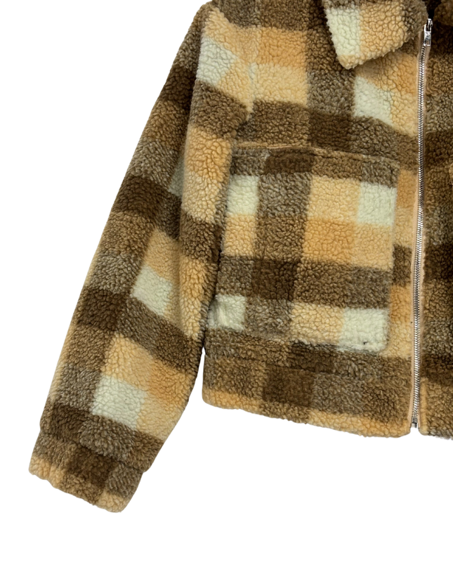 Princess Polly Brown Plaid Cropped Sherpa Jacket