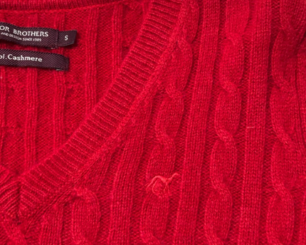 Sacoor Brothers Red Cable Knit Wool & Cashmere V-Neck Sweater
