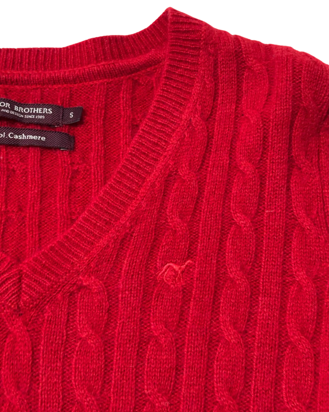 Sacoor Brothers Red Cable Knit Wool & Cashmere V-Neck Sweater